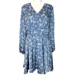 Lichi Floral A-Line Mini Dress Long Sleeve V-Neck Tie Waist Satin Blue Womens M